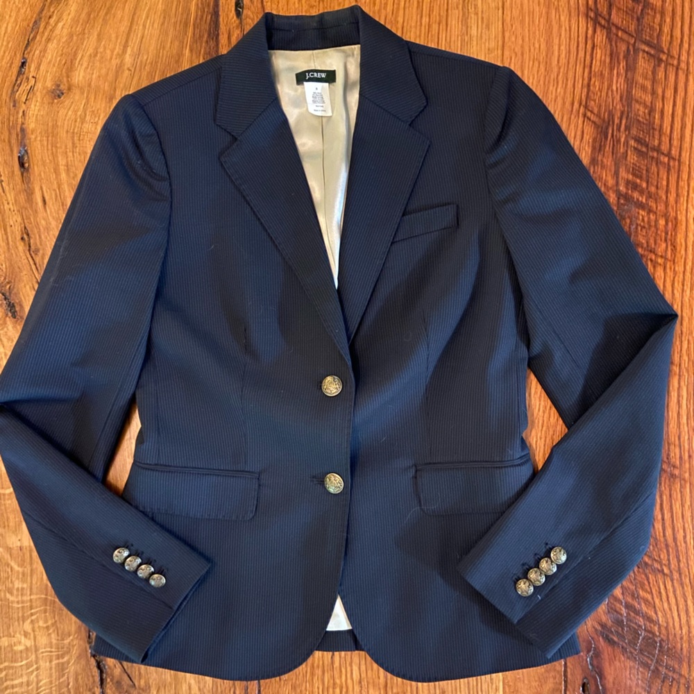 J. Crew Classic Lined Navy Blue Pin Striped School Boy Blazer, Size 0